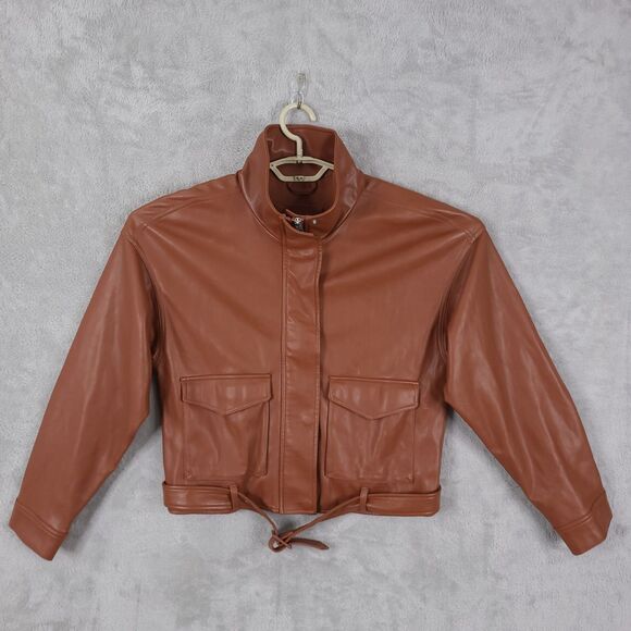Abercrombie & Fitch Jacket Large Tan Vegan Leather Moto Zip Up Biker Full Zip - Picture 1 of 13